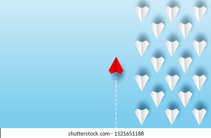 Different business concept.Red paper plane changing direction from white paper plane. new ideas. paper art style. creative idea. vector ,illustration.