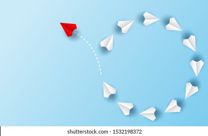 Different business concept.Red paper plane changing direction from white paper plane. new ideas. paper art style. creative idea. vector ,illustration.