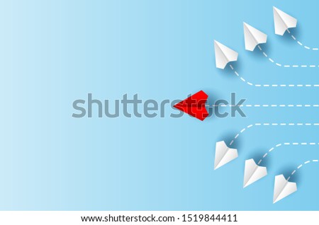Different business concept.Red paper plane changing direction from white paper plane. new ideas. paper art style. creative idea. vector ,illustration.