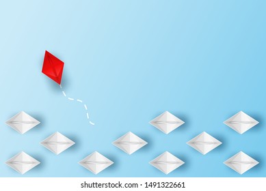 Different Business Concept. Red Boat Paper Changing Direction From White Paper Boat . New Ideas. Paper Art Style. Creative Idea. Vector ,illustration.