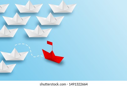 Different business concept. Red boat paper changing direction from white paper boat . new ideas. paper art style. creative idea. vector ,illustration.