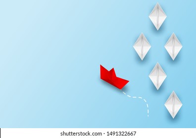 Different Business Concept. Red Boat Paper Changing Direction From White Paper Boat . New Ideas. Paper Art Style. Creative Idea. Vector ,illustration.