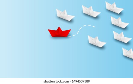 Different business concept. Red boat paper changing direction from white paper boat . new ideas. paper art style. creative idea. vector ,illustration.