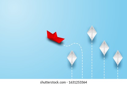 Different business concept. Red paper boat changing direction from white paper boat. new ideas. paper art style. creative idea. vector . illustration.