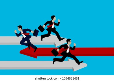 Different business concepts, Businessmen running on the arrow red and white the opposite direction. New ideas. Courage to risk. leadership. Vector illustration