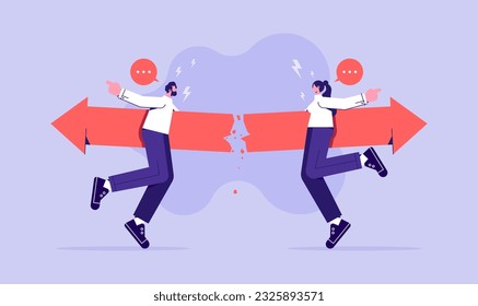 Different business direction or team conflict, opposite decision, contrast or disagreement concept, businessman and businesswoman holding with arrows in different directions