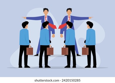 Different business direction or team conflict, opposite decision 2d vector illustration
