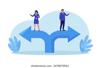 Different business direction, team conflict. Opposite decision, disagreement. Conflict of interest. Business people confrontation. Businessmen standing on arrows in opposite positions