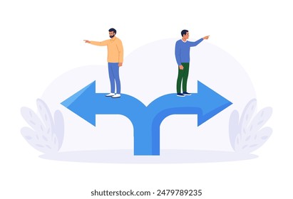 Different business direction, team conflict. Opposite decision, disagreement. Conflict of interest. Business people confrontation. Businessmen standing on arrows in opposite positions