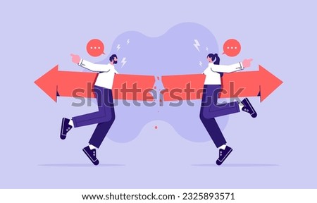 Different business direction or team conflict, opposite decision, contrast or disagreement concept, businessman and businesswoman holding with arrows in different directions