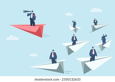 Different business ideas business Vision, New opportunities, Market leadership creative solutions,
Businessman in paper plane with far vision. Go against the old way of doing business. Vector design