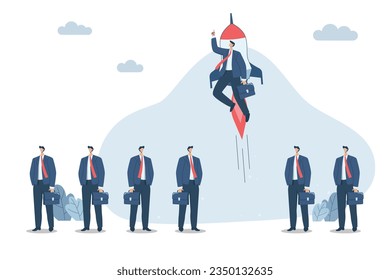 Different business ideas business Vision, New opportunities, Market leadership creative solutions,
Businessman soaring with a rocket. Go against the old way of doing business. Vector design