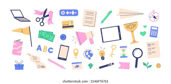 Different business items set. Paper document, phone, key, lightbulb, bank card, magnifying glass, megaphone, money and hourglass. Objects bundle. Flat vector illustrations isolated on white background