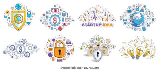 Different business money and finance concepts vector illustrations set, trendy design drawings commercial theme collection, a lot of icons and symbols included, elements can be used separately.