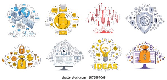 Different business money and finance concepts vector illustrations set, trendy design drawings commercial theme collection, a lot of icons and symbols included, elements can be used separately.