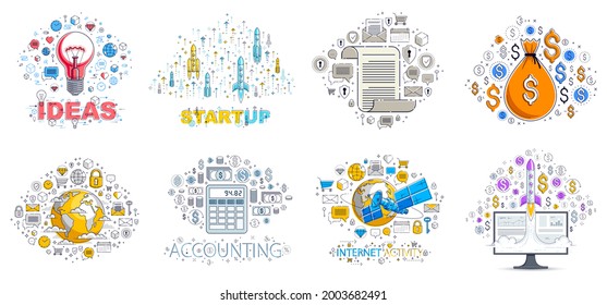 Different business money   finance concepts vector illustrations set  trendy design drawings commercial theme collection  lot icons   symbols included  elements can be used separately 