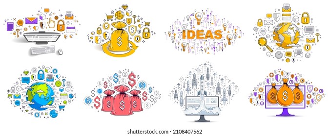 Different business money and finance concepts vector illustrations set, trendy design drawings commercial theme collection, a lot of icons and symbols included, elements can be used separately.