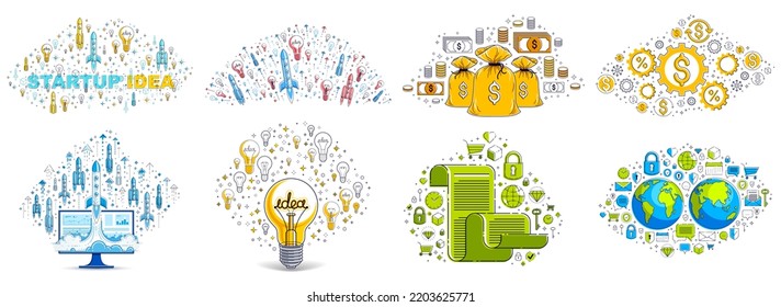 Different business money   finance concepts vector illustrations set  trendy design drawings commercial theme collection  lot icons   symbols included  elements can be used separately 
