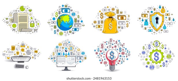 Different business money and finance concepts vector illustrations set, trendy design drawings commercial theme collection, a lot of icons and symbols included, elements can be used separately.