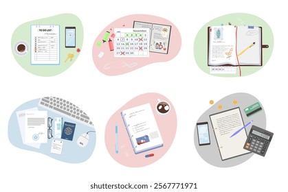 Different business office paper documents top view isolated set