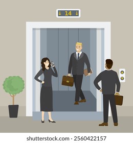 Different business people in an elevator, hall interior, varios female and male characters walking. flat vector illustration