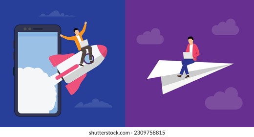 Different business people flying on rocket and paper plane 2d vector illustration concept for banner, website, illustration, landing page, flyer, etc.