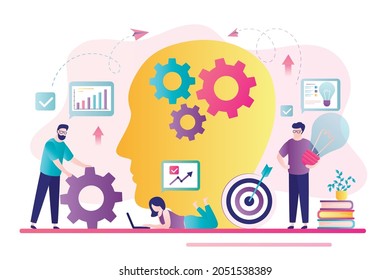 Different business people improving skills. Self-development, upskilling and personal growth. Various graphs, charts. Brain development, new ideas. Skills improvement, brainstorm. Vector illustration