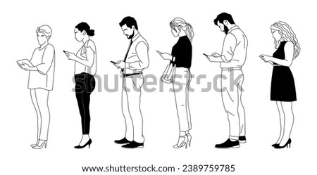 Different business people standing full length in line queue side view. Line art vector isolated outline drawing of diverse people with gadgets, phones, tablet. Chatting, texting, watching news.