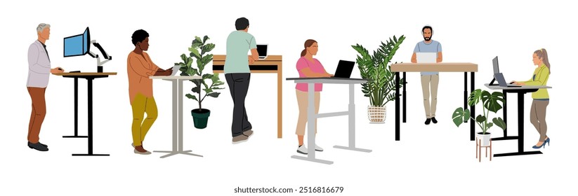 Diferentes profissionais que trabalham com notebooks. Funcionários, trabalhadores de escritório em pé na mesa ajustável, local de trabalho com PC notebook. Trabalho ergonômico. Ilustração vetorial isolada no branco