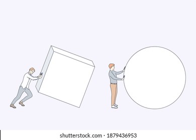 Different business strategy comparison concept. Men businessmen cartoon characters carrying round and square forms trying to fins best solution and shape for development vector illustration 