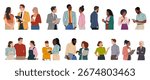 Different business team members standing, talking, communicating, taking part in business activities, meeting, brainstorming, coffee break. Multiracial people vector illustrations isolated.