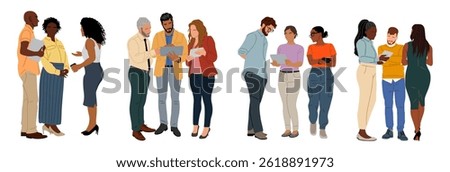 Different business team members standing, talking, communicating, taking part in business activities, meeting, brainstorming, coffee break. Multiracial people vector illustrations isolated.