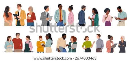 Different business team members standing, talking, communicating, taking part in business activities, meeting, brainstorming, coffee break. Multiracial people vector illustrations isolated.