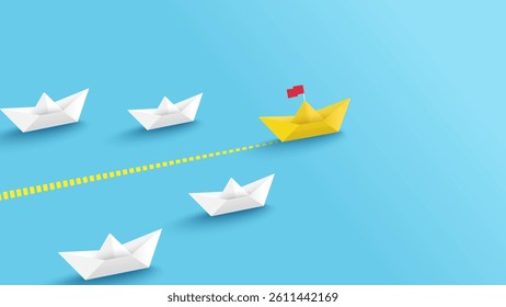 Different business, different thinking, creative idea, business leader and target. Yellow paper boat changing direction from white paper boat Indicates new idea, creative, change for success