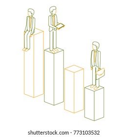 different businessman standing on bar charts their financial status