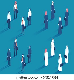 Different Businessmen with case in left hand in suit and shirt with red tie in isometric view. A bearded businessman. Arab businessmen with red and white arabesque