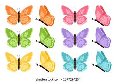 Different butterflies collection. Vector illustration. Butterflies isolated on white background. Colored butterflies. Pretty vector butterfly set with spring palette for child.