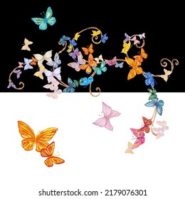 Different butterflies. Multi-colored butterflies on the branches. Vector illustration