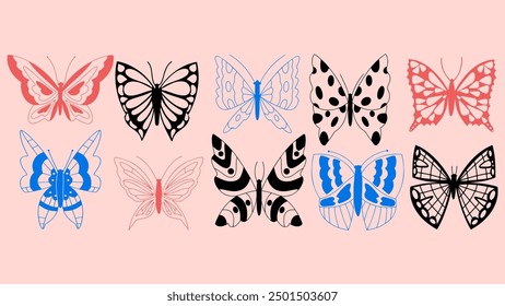 Different butterfly silhouettes in Y2K aesthetics set. Vector illustration in 2000s trend style.