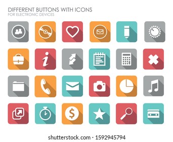 Different buttons of application icons for digital devices. Gallery icons, volume, music, contacts, wifi, etc. Editable vector.