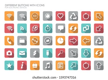 Different buttons of application icons for digital devices. Gallery icons, volume, music, contacts, wifi, etc. Editable vector.