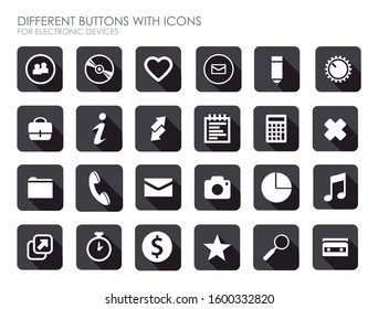 Different buttons of application icons for digital devices. Gallery icons, volume, music, contacts, wifi, etc. Editable vector.