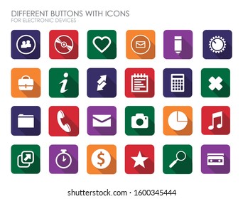 Different buttons of application icons for digital devices. Gallery icons, volume, music, contacts, wifi, etc. Editable vector.