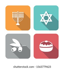 Different buttons with icons of Hanukkah festival. Nice web buttons of the menorah, the sufganiyot, the star of David, and an olive branch. Editable vector.