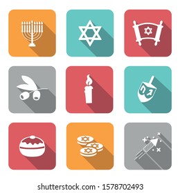 Different buttons with icons of Hanukkah festival. Nice web buttons of the Menorah, the Suganiyot, the Star of David, an olive branch, candles, Dreidel, coins and fireworks. Editable vector.