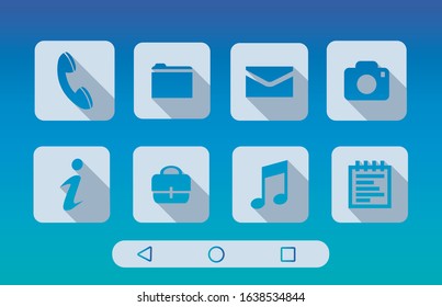 Different buttons on the main screen of the mobile. Basic Icons Square buttons.