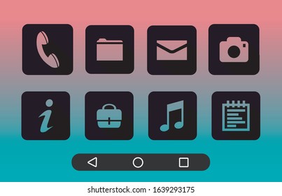 Different buttons on the main screen of the mobile. Basic Icons Square buttons.