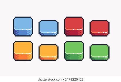 Diferentes Botones pixel art set. Interfaz colorida en la colección de la barra. Sprite de 8 bits del panel pulsador. Desarrollo de juegos, App móvil. Ilustración vectorial aislada.