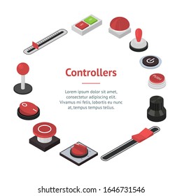 Different Buttons Sign Banner Card Circle 3d Isometric View Include of Toggle Switches and Regulators. Vector illustration of Icons