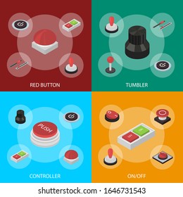 Different Buttons Sign Banner Set 3d Isometric View Include of Toggle Switches and Regulators. Vector illustration of Icons